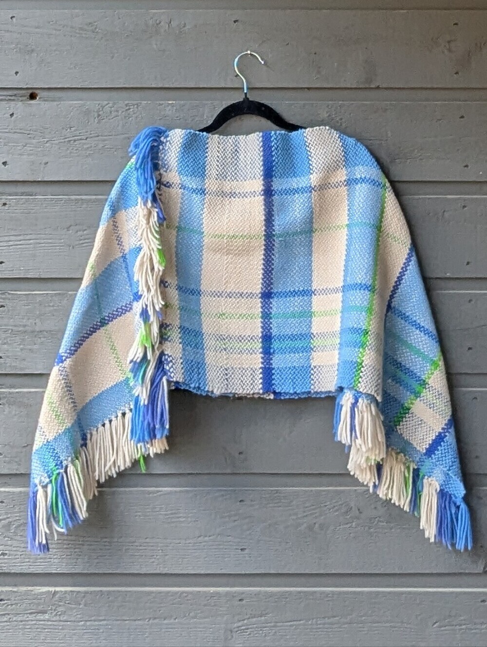 Upcycled 70s Vintage 100% Wool Blanket Shawl Poncho Blue Green Plaid Fringe